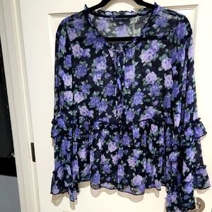 AE Sheer Floral Chiffon Blouse - Purple and Blue
